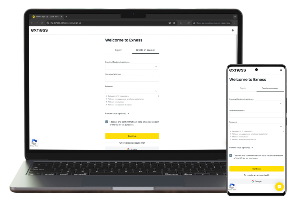 Register on Exness frow website or in mobile app.