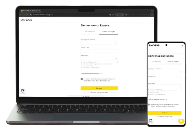 Inscrivez-vous sur le site Web d'Exness ou sur l'application mobile.