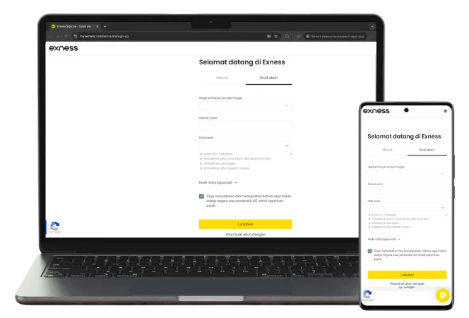 Daftar di Exness dari situs web atau aplikasi seluler.